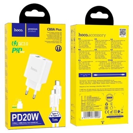 hoco-c80a-plus-rapido-pd20w-qc3-wall-charger-eu-set-tc-to-tc-packaging